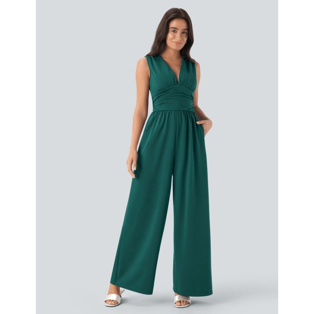 Women's Halara Sleeveless V-Neck Ruched Pocket Jumpsuit Green Small